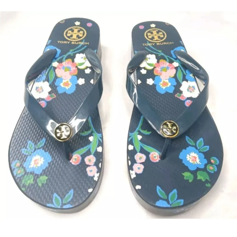 Tory Burch Floral Wedge Sandals Women's Size 8.5 Flip Flops Multicolor